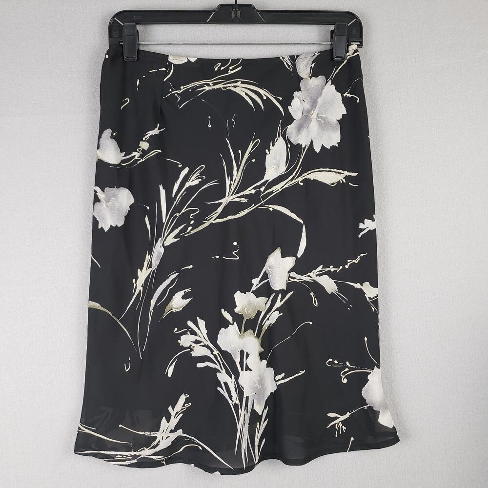 Vintage N.O.E. Size 7/8 Knee Length Flowy Skirt Black Floral‎ Neutral Office Y2K